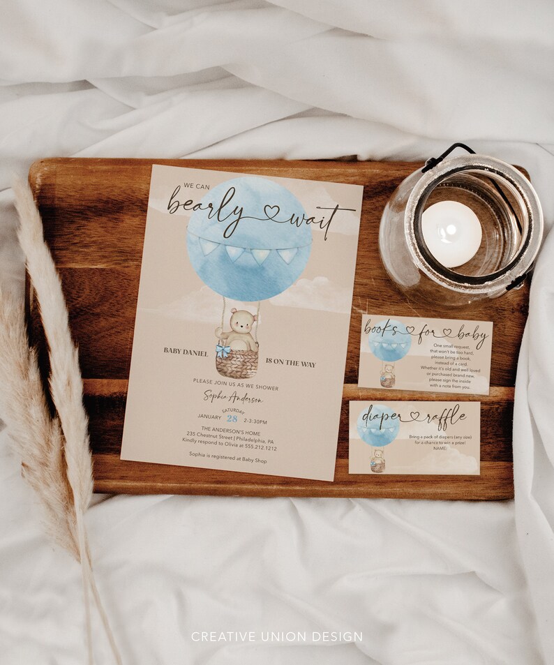 Boho Bearly Wait Baby Shower Invitation Set Template Printable Editable Thank You Card Diaper Raffle Books For Baby Bear Balloons Boy Baby image 4