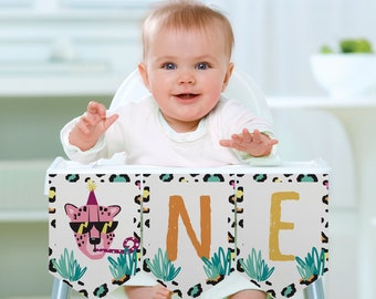 Mod Party Animals High Chair Banner Template, Happy Birthday Banner, Printable Party Decor, ONE, First Birthday, 1st Birthday, Leopard, Cat