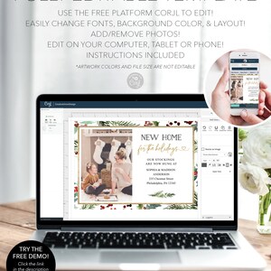 May include: A laptop displays a holiday-themed invitation template with the text "NEW HOME for the holidays." The design includes a photo of a family, stockings, and festive greenery. The screen also shows editing options. The text "FULLY EDITABLE TEMPLATE" is at the top.