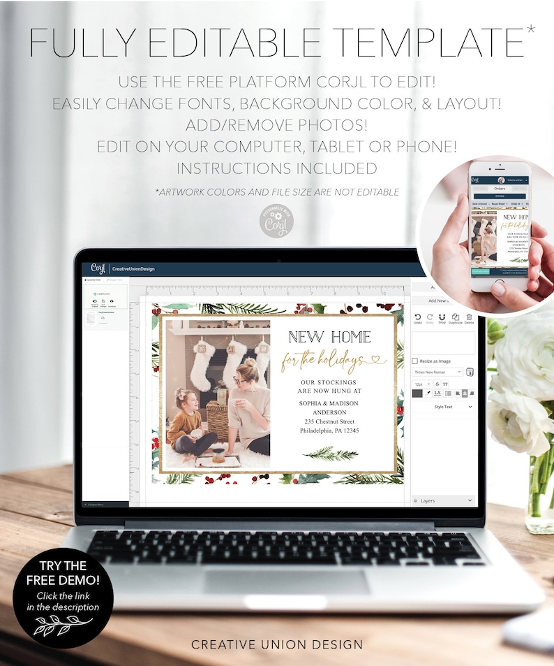 May include: A laptop displays a holiday-themed invitation template with the text "NEW HOME for the holidays." The design includes a photo of a family, stockings, and festive greenery. The screen also shows editing options. The text "FULLY EDITABLE TEMPLATE" is at the top.