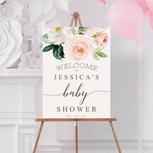 Editable Baby Shower Welcome Sign Template, Welcome, Girl Baby Shower, Instant Download, Pink, Watercolor Flowers, Blushing Blooms