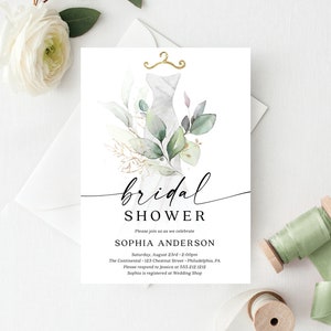 Sjabloon uitnodiging vrijgezellenfeest, aquarel groen, jurk, bruidsbrunch uitnodigen, bewerkbare afdrukbare uitnodigen, instant download, botanisch