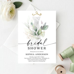 Bridal Shower InvitationTemplate, Watercolor Greenery, Dress, Bridal Brunch Invite, Editable Printable Invite, Instant Download, Botanical