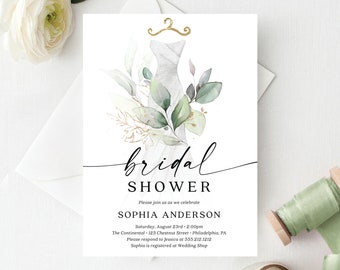 Bridal Shower InvitationTemplate, Watercolor Greenery, Dress, Bridal Brunch Invite, Editable Printable Invite, Instant Download, Botanical