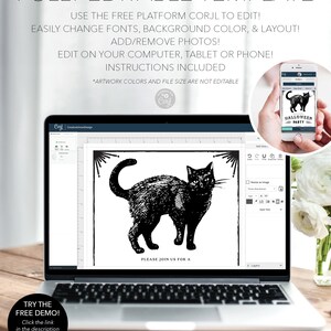 Puede incluir: Un port&aacute;til muestra una ilustraci&oacute;n de un gato negro dentro de una plantilla de invitaci&oacute;n a una fiesta de Halloween. El texto "FULLY EDITABLE TEMPLATE" y las instrucciones son visibles. Un smartphone muestra el dise&ntilde;o de la invitaci&oacute;n. El dise&ntilde;o incluye el texto "PLEASE JOIN US FOR A" y "HALLOWEEN PARTY".