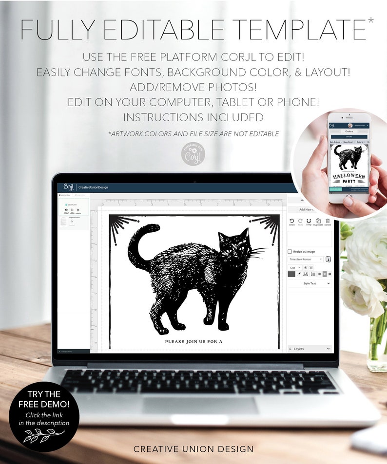 Puede incluir: Un port&aacute;til muestra una ilustraci&oacute;n de un gato negro dentro de una plantilla de invitaci&oacute;n a una fiesta de Halloween. El texto "FULLY EDITABLE TEMPLATE" y las instrucciones son visibles. Un smartphone muestra el dise&ntilde;o de la invitaci&oacute;n. El dise&ntilde;o incluye el texto "PLEASE JOIN US FOR A" y "HALLOWEEN PARTY".