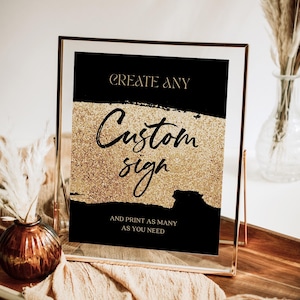Modelo de placa personalizada editável, placa personalizada para festa de aniversário, lembrancinhas, presentes e cartões, placas de mesa para impressão, faixa dourada, glitter dourado