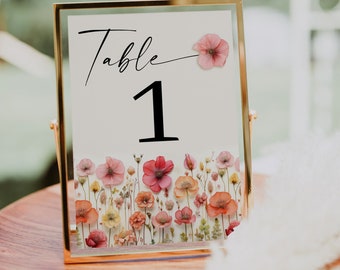 Wildflower Table Numbers Template, Editable Bridal Shower Table Numbers, Seating, Wedding Table Number Cards, Flower Stems, Colorful,