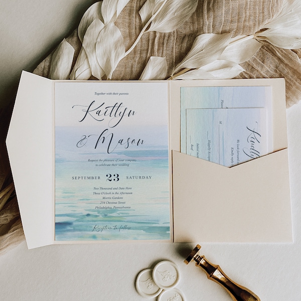 Modèle minimaliste d'invitations de mariage sur la plage, ensemble imprimable de faire-part de mariage, mariage à destination, carte RSVP, carte de détails, moderne, mer