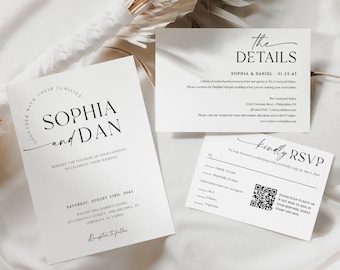 Simply Minimal Wedding Invites with QR Code, Minimalist Wedding Invite Suite, Wedding Invitation with RSVP, Modern Wedding Set, Details