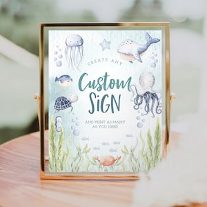 Editable Custom Sign Template, Custom Baby Shower Sign, Favors, Gifts and Cards, Printable Table Signs, Under The Sea, Ocean, Whale, Fish