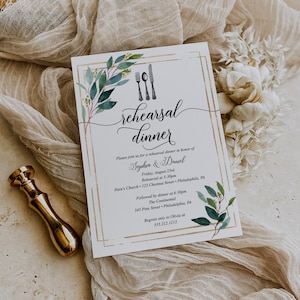 Greenery Rehearsal Dinner Invitation Template, Wedding Rehearsal Dinner Invites, Minimalist Wedding, Modern Wedding, Rehearsal Invite, Gold