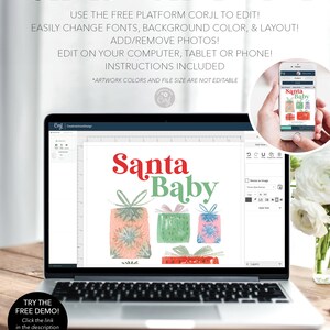 K&ouml;nnte beinhalten: Ein Laptop-Bildschirm zeigt ein Weihnachtsdesign mit dem Text "Santa Baby" und Geschenkillustrationen. Das Bild enth&auml;lt auch den Text "FULLY EDITABLE TEMPLATE" und "TRY THE FREE DEMO!"