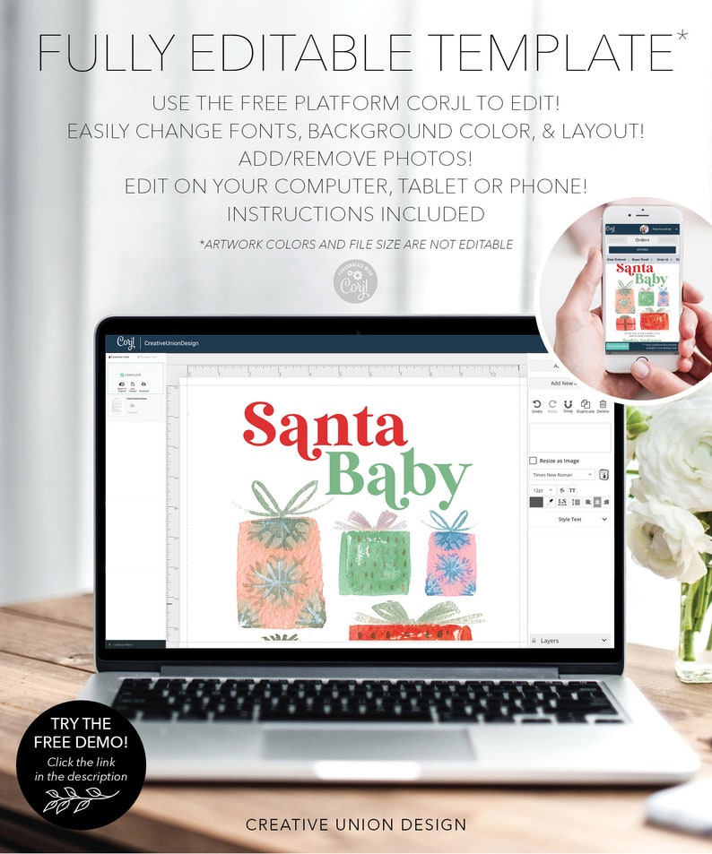 K&ouml;nnte beinhalten: Ein Laptop-Bildschirm zeigt ein Weihnachtsdesign mit dem Text "Santa Baby" und Geschenkillustrationen. Das Bild enth&auml;lt auch den Text "FULLY EDITABLE TEMPLATE" und "TRY THE FREE DEMO!"