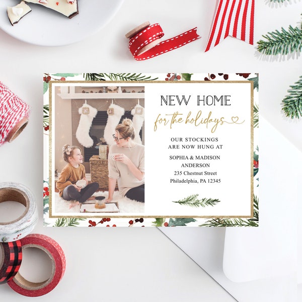 New Home Moving Announcement Christmas Cards, Holiday Card Template, Christmas Card, Download, Merry Greenery, New Home For The Holidays