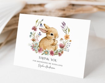 Cartões de Agradecimento para Chá de Bebê com Tema de Coelhinho, Modelo de Cartão de Agradecimento, Chá de Bebê Rústico, Chá de Bebê com Tema de Coelhinho, Agradecimento Dobrado, Campo de Flores Silvestres