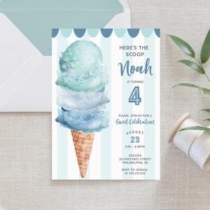 May include: A rectangular invitation card featuring a watercolor illustration of a three-scoop ice cream cone on a light blue and white striped background. The text reads: HERE'S THE SCOOP Noah IS TURNING 4 PLEASE JOIN US FOR A Sweet Celebration AUGUST 23 2:00 - 4:00PM SCOOPS 23 CHESTNUT STREET PHILADELPHIA, PA RSVP TO JESSICA AT 555.212.1212