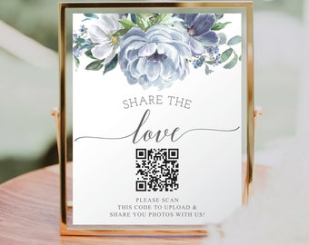 Share The Love QR Code Sign Template, Scannable Photo Sharing Sign, Share Your Photos, Wedding, Capture The Love, Download, Dusty Blue