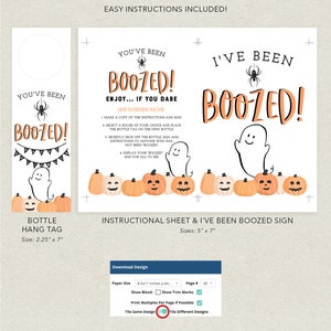 K&ouml;nnte beinhalten: Ein druckbares Halloween-Set mit dem Text "You've Been Boozed!". Es enth&auml;lt ein Flaschenanh&auml;nger und ein Anleitungsblatt. Das Design zeigt eine Spinne, einen Geist und K&uuml;rbisse. Das Anleitungsblatt ist 12,7 cm x 17,8 cm gro&szlig;.