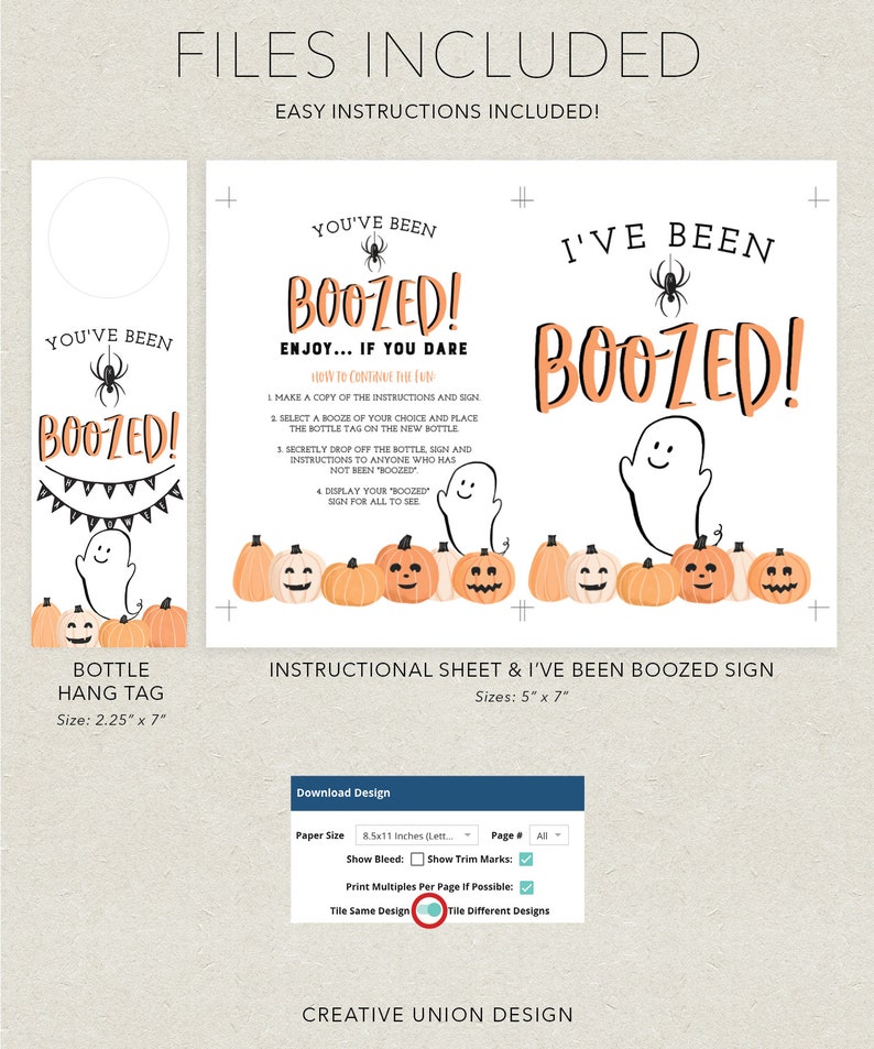 K&ouml;nnte beinhalten: Ein druckbares Halloween-Set mit dem Text "You've Been Boozed!". Es enth&auml;lt ein Flaschenanh&auml;nger und ein Anleitungsblatt. Das Design zeigt eine Spinne, einen Geist und K&uuml;rbisse. Das Anleitungsblatt ist 12,7 cm x 17,8 cm gro&szlig;.