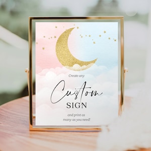 Modelo de placa personalizada "Over The Moon", placa de revelação de gênero editável, lembrancinhas, presentes e cartões, placas de mesa, gênero neutro, decorações, menina/menino