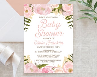 Baby Shower Invitation, Printable Baby Shower Invite, Editable Invite, Girl Baby Shower Invites, Instant Download, Pink Peony Floral