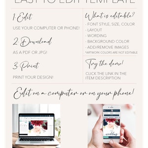 May include: A graphic showing how to edit a wedding invitation template on a computer or phone. The image shows a laptop and a phone with a wedding invitation design on the screen. The text on the image says "Easy to Edit Template" and "Edit on a computer or on your phone!"