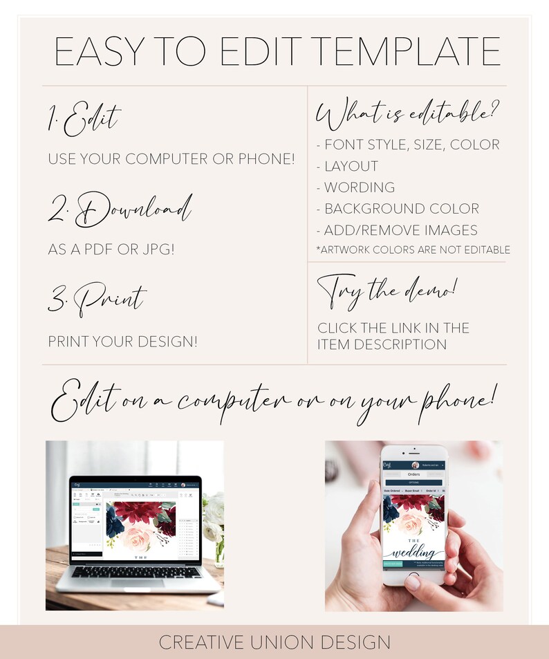 May include: A graphic showing how to edit a wedding invitation template on a computer or phone. The image shows a laptop and a phone with a wedding invitation design on the screen. The text on the image says "Easy to Edit Template" and "Edit on a computer or on your phone!"