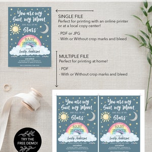 May include: A blue baby shower invitation with a rainbow, stars, a sun, and a moon. The text reads "You are my Sun. my Moon. And all of my Stars. Baby Shower in honor of Emily Anderson".