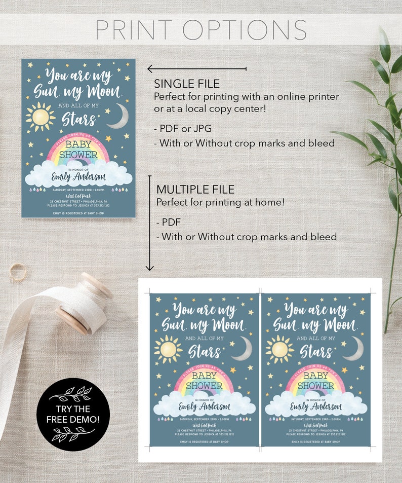 May include: A blue baby shower invitation with a rainbow, stars, a sun, and a moon. The text reads "You are my Sun. my Moon. And all of my Stars. Baby Shower in honor of Emily Anderson".