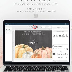 Puede incluir: Una pantalla de port&aacute;til muestra una interfaz de dise&ntilde;o con el texto "ADD PAGES" y "DUPLICATE PAGE". El dise&ntilde;o presenta calabazas de acuarela y las palabras "THE FAMILY BESIDE US, AND THE LOVE BETWEEN US. Amen."