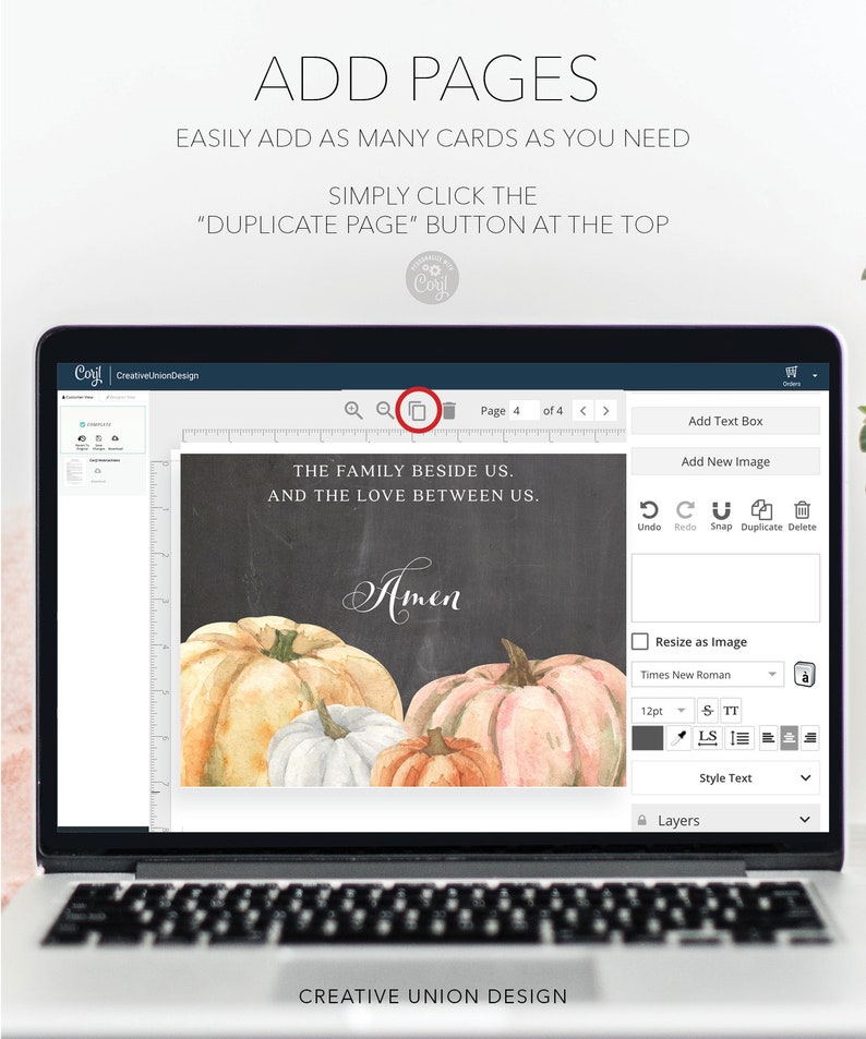 Puede incluir: Una pantalla de port&aacute;til muestra una interfaz de dise&ntilde;o con el texto "ADD PAGES" y "DUPLICATE PAGE". El dise&ntilde;o presenta calabazas de acuarela y las palabras "THE FAMILY BESIDE US, AND THE LOVE BETWEEN US. Amen."
