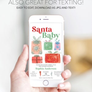 K&ouml;nnte beinhalten: Ein Smartphone zeigt eine Babyparty-Einladung mit dem Text "Santa Baby". Die Einladung enth&auml;lt Aquarellillustrationen von verpackten Geschenken in verschiedenen Farben. Die Einladung enth&auml;lt den Namen Sophia Anderson, Datum, Uhrzeit und RSVP-Informationen.