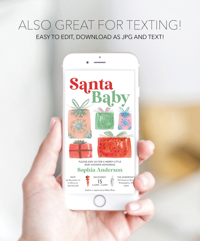 K&ouml;nnte beinhalten: Ein Smartphone zeigt eine Babyparty-Einladung mit dem Text "Santa Baby". Die Einladung enth&auml;lt Aquarellillustrationen von verpackten Geschenken in verschiedenen Farben. Die Einladung enth&auml;lt den Namen Sophia Anderson, Datum, Uhrzeit und RSVP-Informationen.