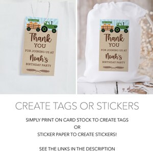 Op de afbeelding: Twee cadeaulabels met een tractor- en pompoenontwerp. De labels luiden "Bedankt voor het bijwonen van Noah's verjaardagsfeest". De labels zitten op een witte cadeauzak en een witte trekkoordzak. Instructies voor het maken van labels of stickers.
