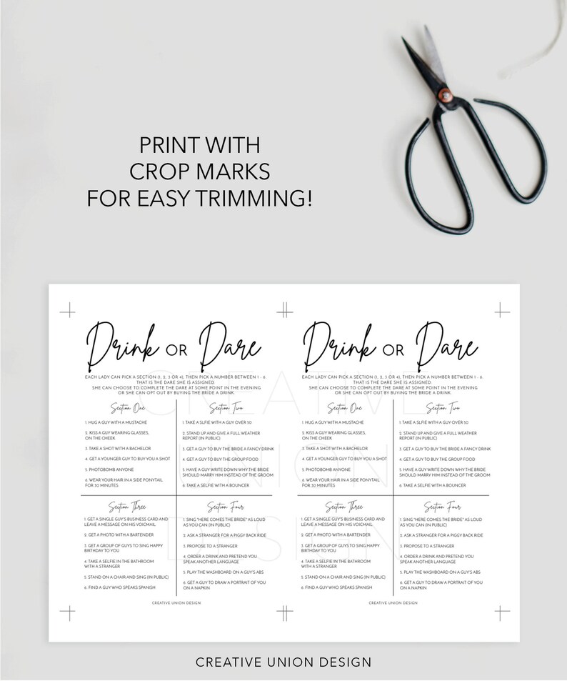 Op de afbeelding: Zwart-witte printbare spelkaarten met de tekst "Drinken of Durven" en een raster met dares en drankjes voor een vrijgezellenfeest.