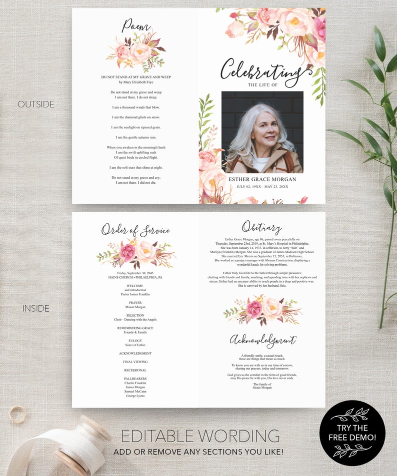 Funeral Program Template for Woman, Printable Memorial Programs, Celebration of Life, Editable Memorial Service, Loving Memory, Antique Rose image 6