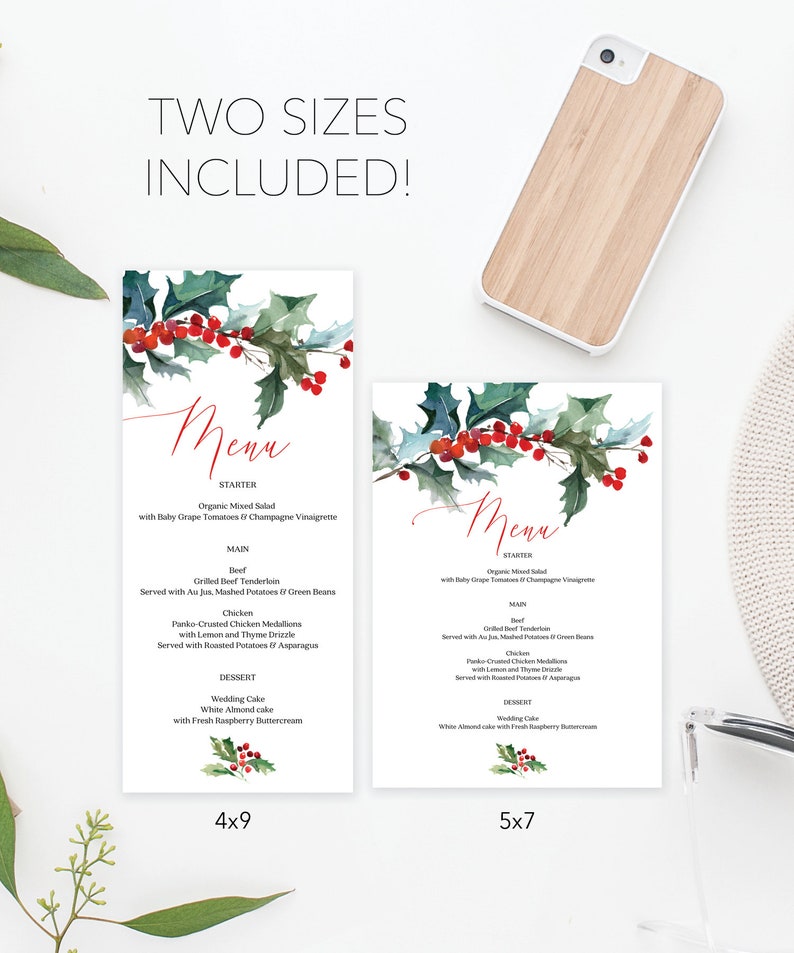 Christmas Menu Holiday Menu Printable Menu Rustic Christmas Table Decor Winter Wedding Menus Instant Download Holly image 3