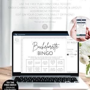 Op de afbeelding: Een digitaal scherm dat een afdrukbaar bachelorette-bingospel weergeeft. Het spel bevat vakjes met zinnen zoals "Je draagt zwart", "Je hebt een tatoeage", "Je draagt een jurk", "Je bent ouder dan 30" en "Je komt van buiten de stad".