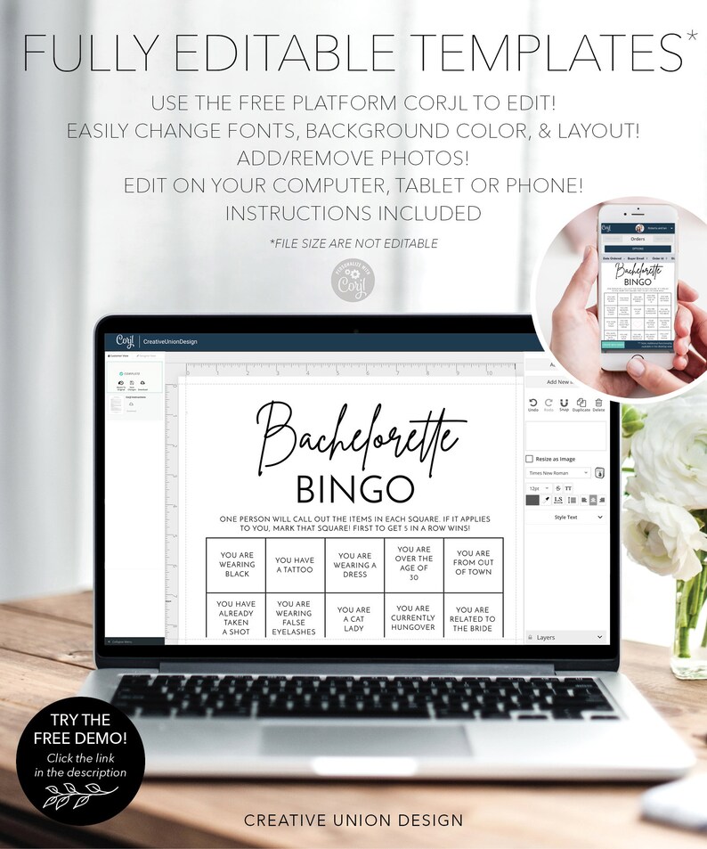 Op de afbeelding: Een digitaal scherm dat een afdrukbaar bachelorette-bingospel weergeeft. Het spel bevat vakjes met zinnen zoals "Je draagt zwart", "Je hebt een tatoeage", "Je draagt een jurk", "Je bent ouder dan 30" en "Je komt van buiten de stad".