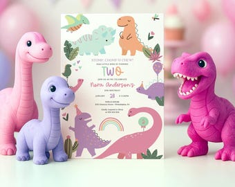 Girl Dinosaur 2nd Birthday Party Invitation Template Girl Birthday Invitation Dino Birthday T Rex Modern Kids Birthday Invite Jurassic Cute