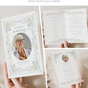 Könnte beinhalten: Eine druckbare Gedenkkarte mit einem Foto einer Frau mit Brille, umgeben von einem floralen Rahmen. Die Karte enthält den Text "In Loving Memory" und den Namen "Esther Morgan". Das Design hat ein hellblaues und weißes Farbschema.