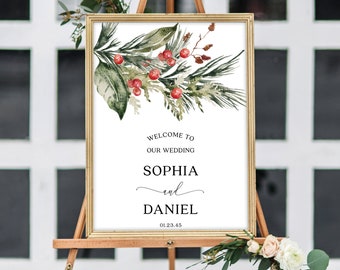 Editable Wedding Welcome Sign Template, Welcome Wedding Printable, Wedding Decor, December Wedding, Download, Elegant Watercolor Christmas