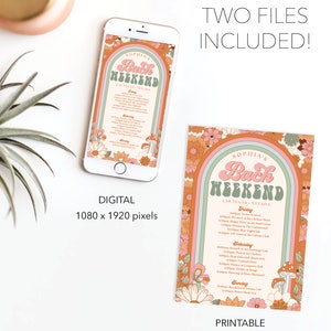 May include: A printable invitation for a bachelorette weekend in Las Vegas. The invitation features a retro rainbow design with flowers and mushrooms. The text on the invitation reads "Sophia's Bach Weekend Las Vegas, Nevada". The invitation is available in two sizes: 1080 x 1920 pixels for digital use and 5x7 inches for printing.
