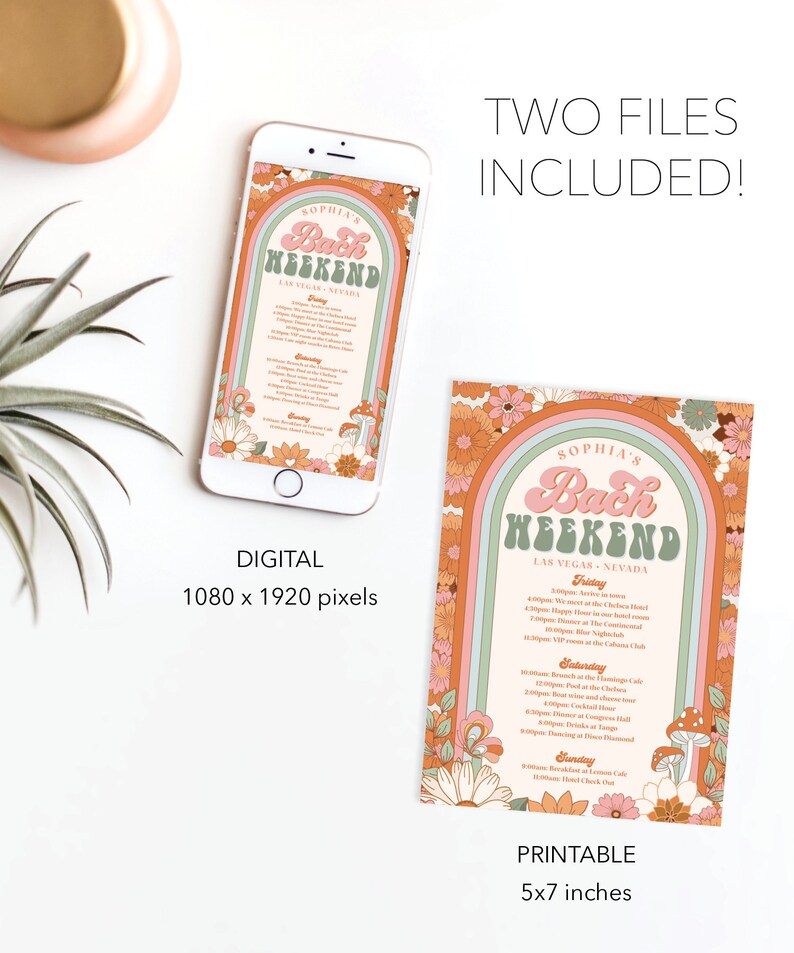 May include: A printable invitation for a bachelorette weekend in Las Vegas. The invitation features a retro rainbow design with flowers and mushrooms. The text on the invitation reads "Sophia's Bach Weekend Las Vegas, Nevada". The invitation is available in two sizes: 1080 x 1920 pixels for digital use and 5x7 inches for printing.