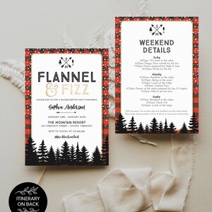 K&ouml;nnte beinhalten: Einladungs- und Reiseplan-Set f&uuml;r einen Junggesellinnenabschied. Die Einladung zeigt den Text "Flannel & Fizz" mit einem karierten Rand und einer Waldsilhouette. Der Reiseplan listet die Wochenendveranstaltungen auf.