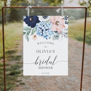 Bridal Shower Welcome Sign Template, Welcome Bridal Shower, Editable Bridal Shower Sign, Instant Download, Navy Blooms, Floral, Hydrangea image 5