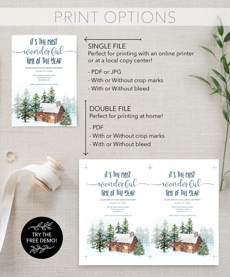 May include: Printable invitation for a winter holiday party with a watercolor illustration of a cabin in the woods. The text reads "It's the most wonderful time of the year".