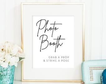 Photo Booth Table Sign File, 8x10 Printable Sign, Grab A Prop And Strike A Pose Sign, Bridal Shower, Wedding, Simple, Modern Minimalist