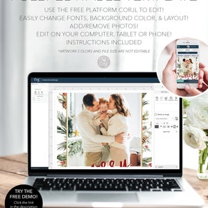 May include: A laptop screen displays a family photo with holiday greenery, part of a fully editable template. The text reads "FULLY EDITABLE TEMPLATE" and "CREATIVE UNION DESIGN". A smartphone shows the same design. A demo is available.